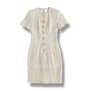 Santa Fe‎ Beige Linen Sheath Dress Size 4 USA Made Button Front Vintage